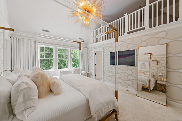 9 Cowdray Park Dr, Greenwich, CT 06831 - carpeted bedroom with high vaulted ceiling, visible vents, baseboards, and a chandelier