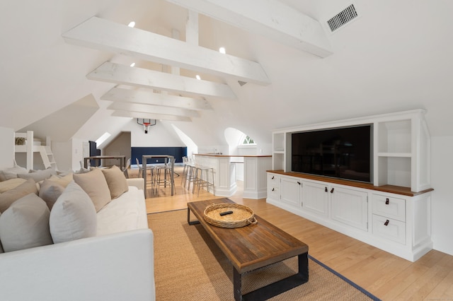 9 Cowdray Park Dr, Greenwich, CT 06831 - living area with visible vents, light wood-style flooring, and vaulted ceiling with beams