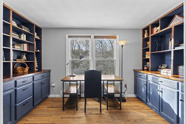 home office with light hardwood / wood-style floors