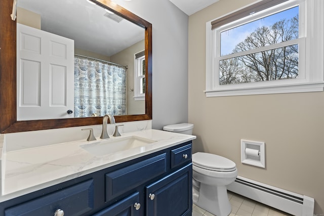 bathroom featuring walk in shower, tile patterned floors, toilet, baseboard heating, and vanity