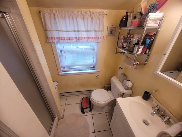 bathroom with baseboard heating, a shower with door, tile patterned floors, vanity, and toilet