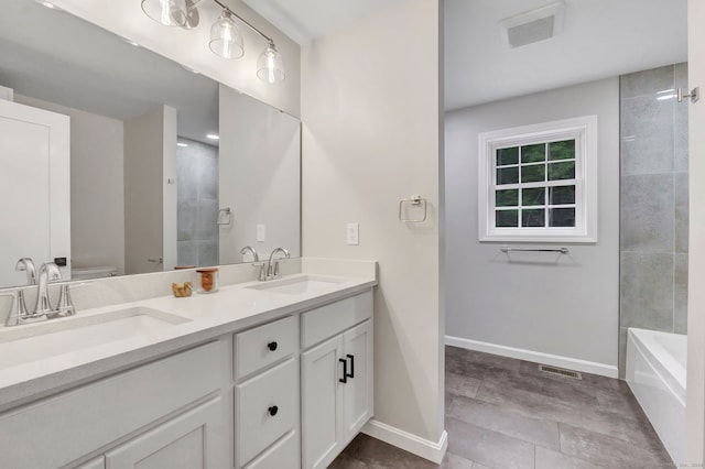 full bathroom featuring toilet, shower with separate bathtub, and vanity