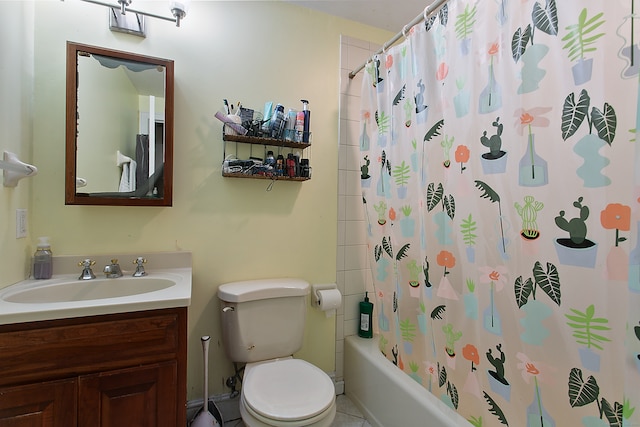 full bathroom featuring vanity, tile patterned flooring, toilet, and shower / bathtub combination with curtain