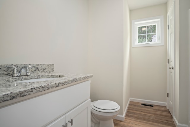 bathroom featuring toilet, vanity, and wood-type flooring