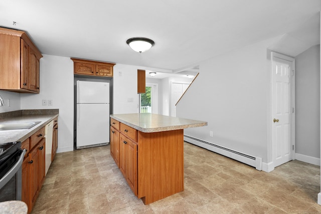 251 Stevens St, Bristol, CT 06010 - kitchen with freestanding refrigerator, baseboard heating, stainless steel electric range, a center island, and brown cabinets