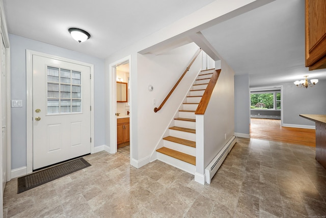 251 Stevens St, Bristol, CT 06010 - entrance foyer featuring a baseboard radiator, a chandelier, and stairs