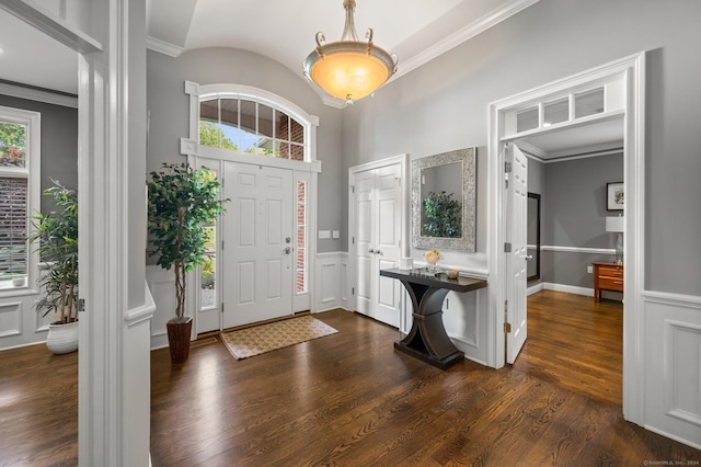 entryway with ornamental molding, a healthy amount of sunlight, and dark hardwood / wood-style flooring