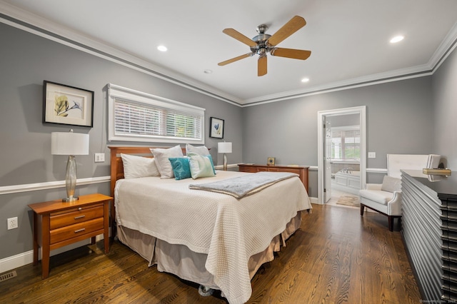 bedroom with ceiling fan, ornamental molding, and dark hardwood / wood-style floors