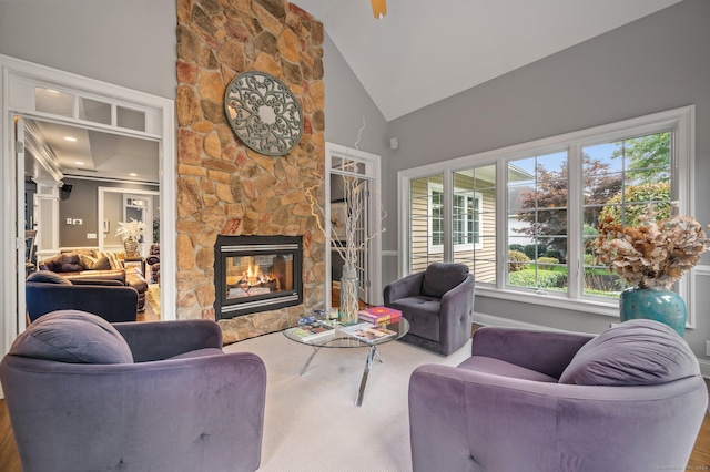 living room featuring high vaulted ceiling and a fireplace