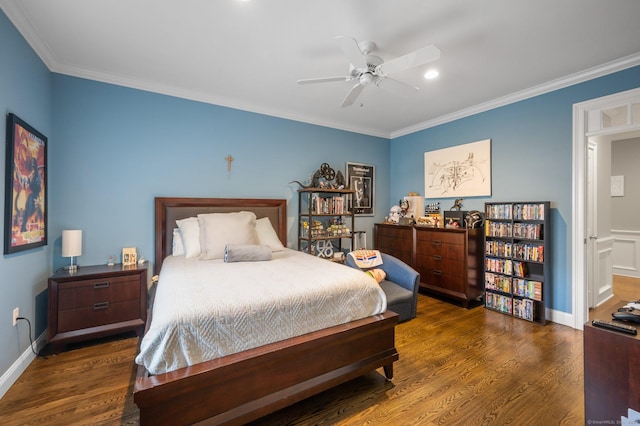 bedroom with ceiling fan, ornamental molding, and dark hardwood / wood-style floors