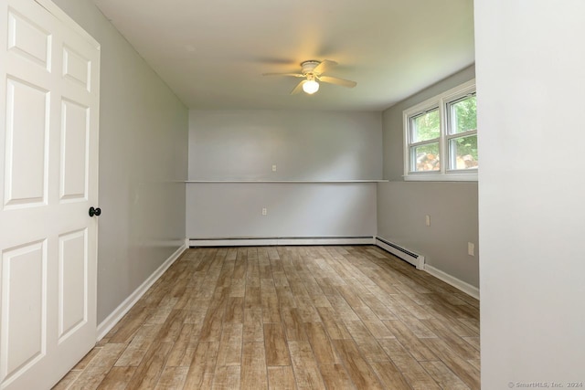 spare room with ceiling fan, light hardwood / wood-style flooring, and baseboard heating