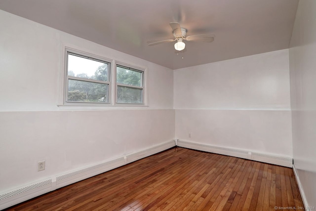 unfurnished room featuring a baseboard radiator, wood-type flooring, and ceiling fan