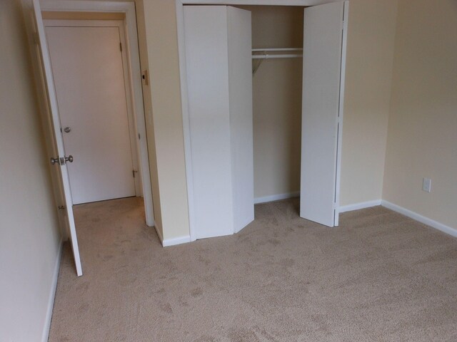 unfurnished bedroom with light colored carpet and a closet