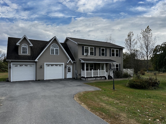 view of front of property featuring covered porch, a front yard, and a garage