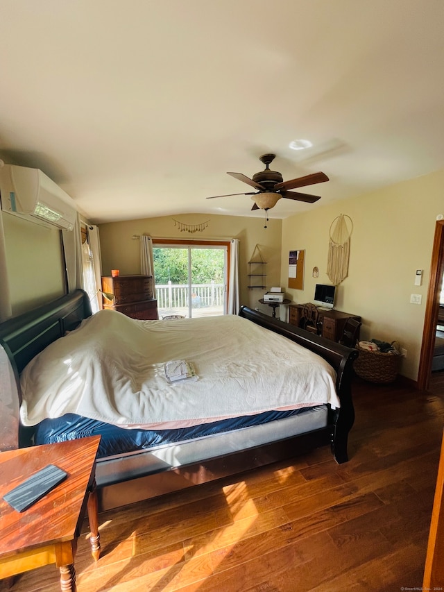 bedroom featuring ceiling fan, access to outside, lofted ceiling, hardwood / wood-style floors, and an AC wall unit