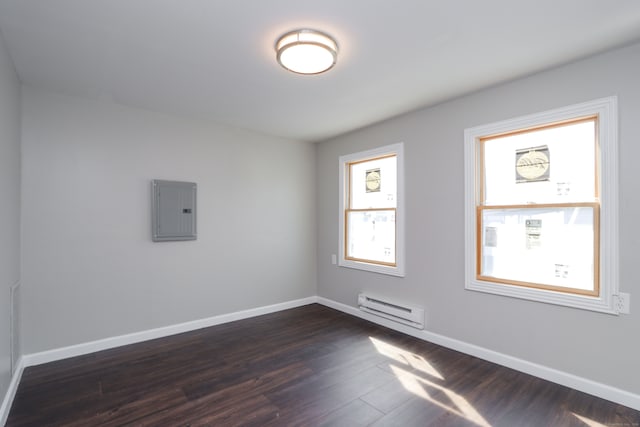 unfurnished room with electric panel, dark hardwood / wood-style flooring, and a baseboard heating unit