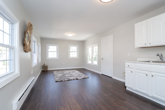 doorway to outside with a baseboard heating unit, dark wood-type flooring, and sink