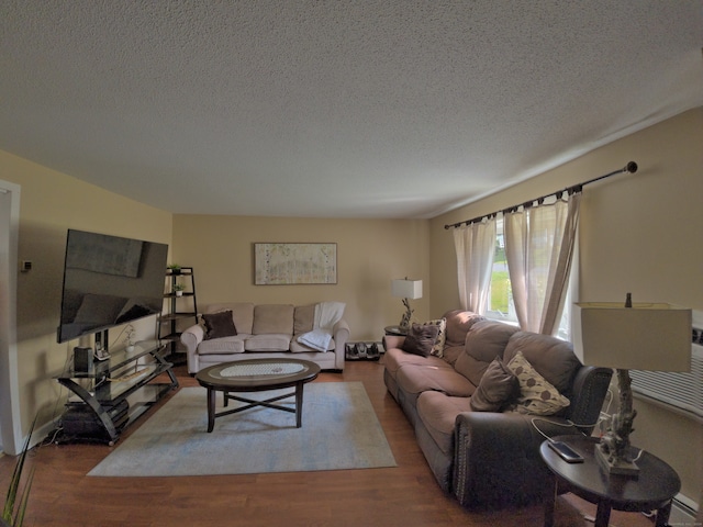 living room with wood-type flooring and a textured ceiling