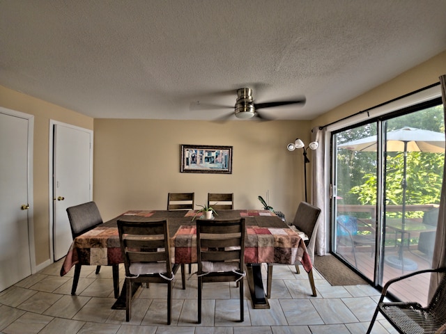 dining room featuring ceiling fan and a textured ceiling