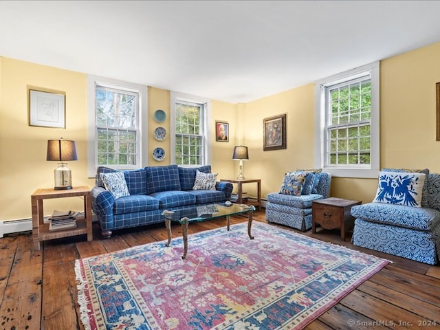 living room with dark wood-type flooring, plenty of natural light, and a baseboard radiator