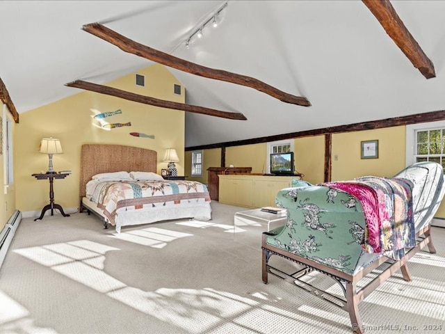 bedroom featuring light colored carpet, rail lighting, and vaulted ceiling with beams