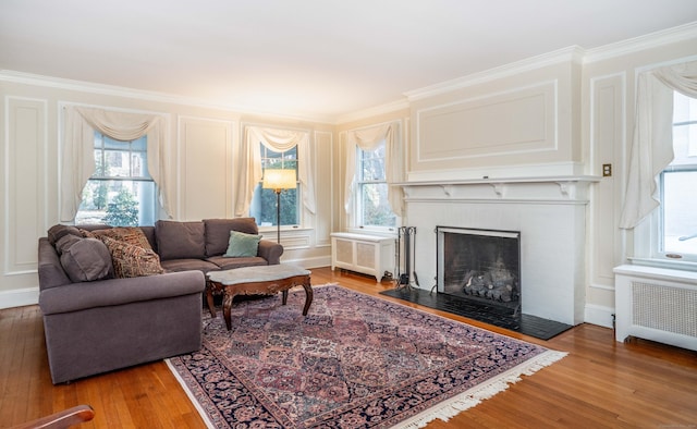 living room with hardwood / wood-style floors, radiator heating unit, a fireplace, and ornamental molding