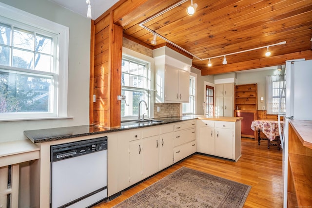 kitchen with white cabinets, dishwasher, wooden ceiling, and sink