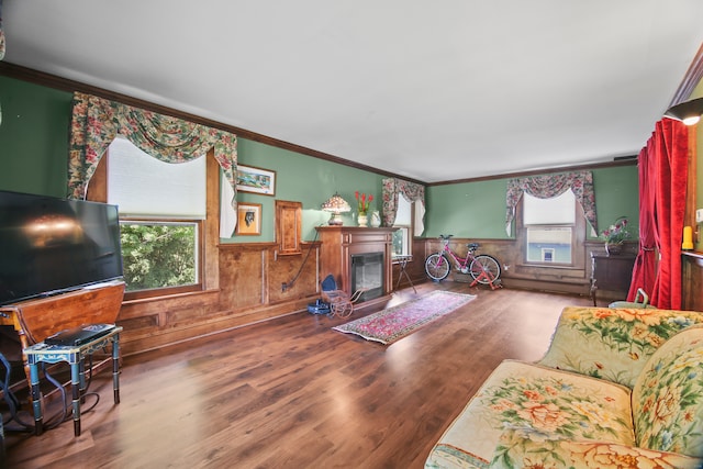 living room with wood-type flooring and crown molding