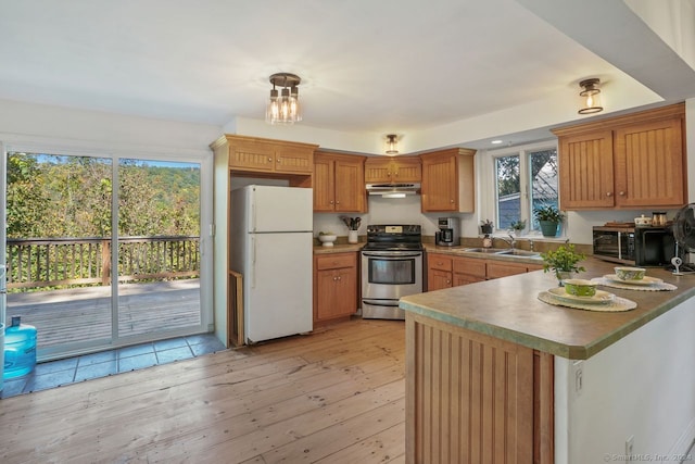 kitchen featuring light wood-type flooring, a wealth of natural light, stainless steel electric range, and white fridge