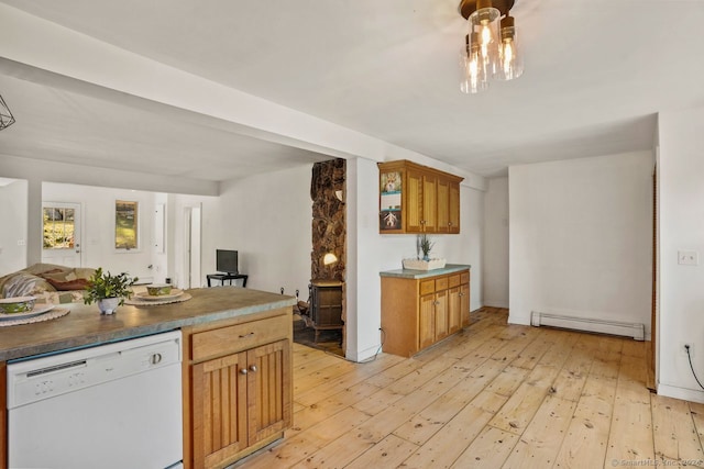 kitchen with baseboard heating, light hardwood / wood-style flooring, and white dishwasher