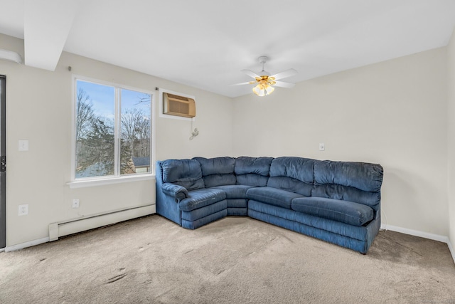 carpeted living room featuring a baseboard radiator, a wall mounted air conditioner, and ceiling fan