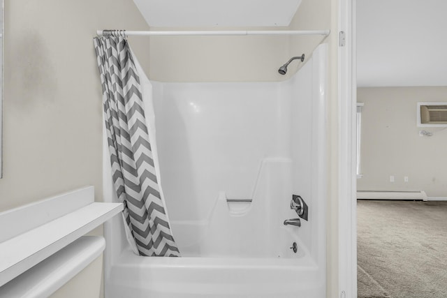 bathroom featuring shower / bath combination with curtain, a baseboard radiator, toilet, and a wall mounted AC