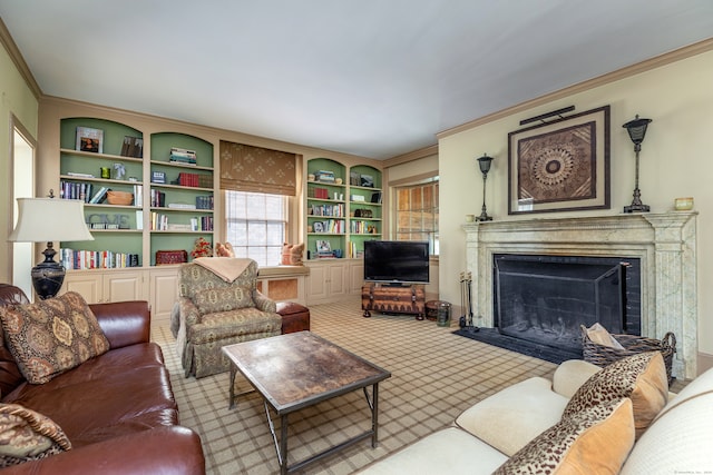 living room featuring built in features, ornamental molding, and light carpet