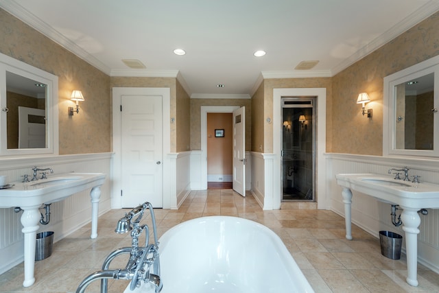 bathroom featuring plus walk in shower and crown molding