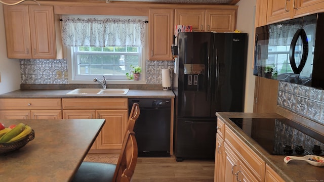 1 Circle Dr, Windham, CT 06256 - kitchen with a sink, light wood-style flooring, decorative backsplash, and black appliances