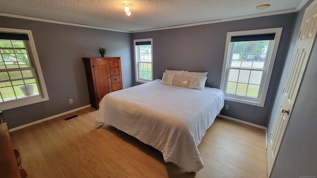 1 Circle Dr, Windham, CT 06256 - bedroom featuring crown molding, a textured ceiling, visible vents, baseboards, and light wood-style floors