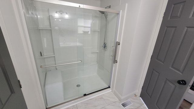 1 Circle Dr, Windham, CT 06256 - full bath featuring a stall shower, baseboards, marble finish floor, and visible vents