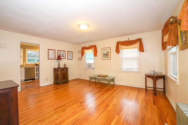 miscellaneous room featuring cooling unit, light wood-type flooring, and a wealth of natural light