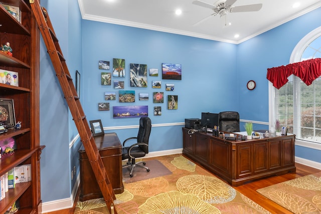 office with ceiling fan, light wood-type flooring, and ornamental molding