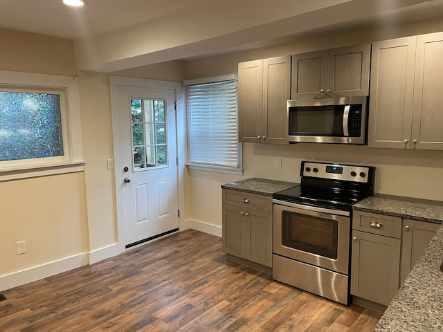 kitchen with gray cabinetry, stainless steel appliances, dark stone countertops, and dark hardwood / wood-style floors