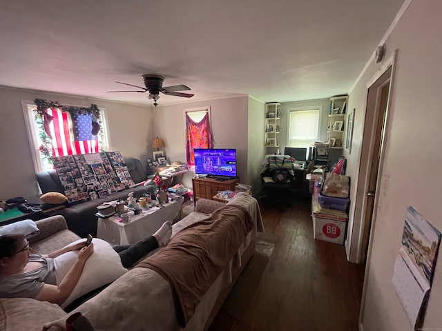 living room featuring ceiling fan and hardwood / wood-style floors