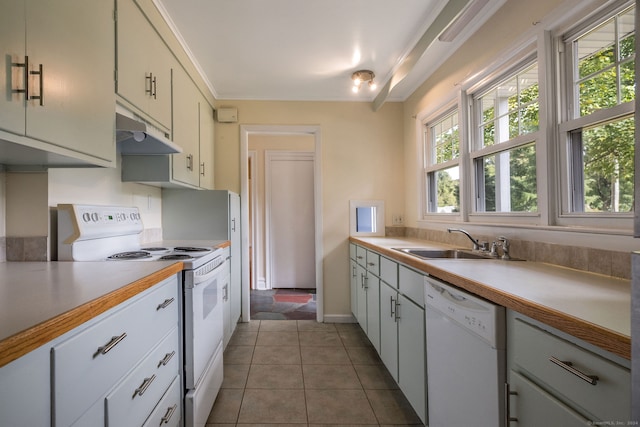 kitchen featuring white appliances, sink, white cabinetry, tile patterned floors, and crown molding