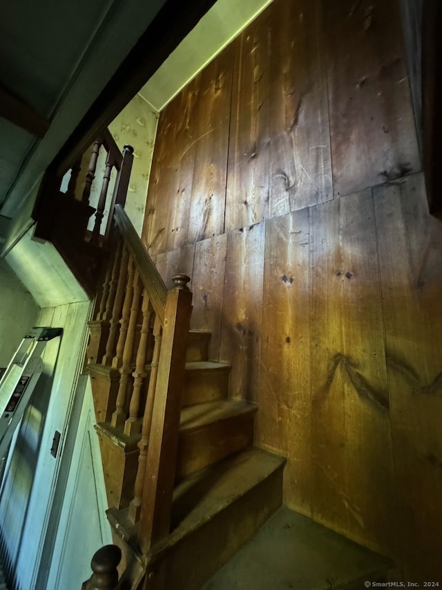 staircase with wood walls