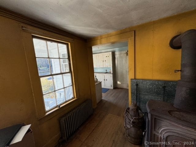 hall featuring wood-type flooring and radiator