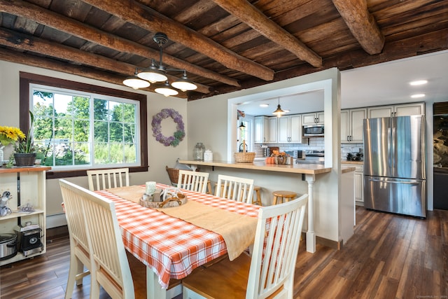 dining room with wood ceiling, beam ceiling, a baseboard radiator, and dark hardwood / wood-style flooring