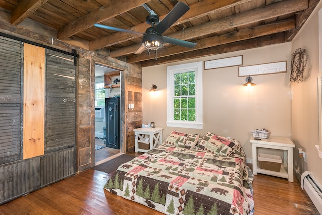 bedroom with a baseboard radiator, ceiling fan, a barn door, wooden ceiling, and beamed ceiling