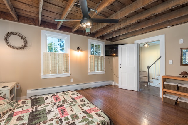 bedroom featuring wood ceiling, beamed ceiling, dark wood-type flooring, a baseboard radiator, and ceiling fan