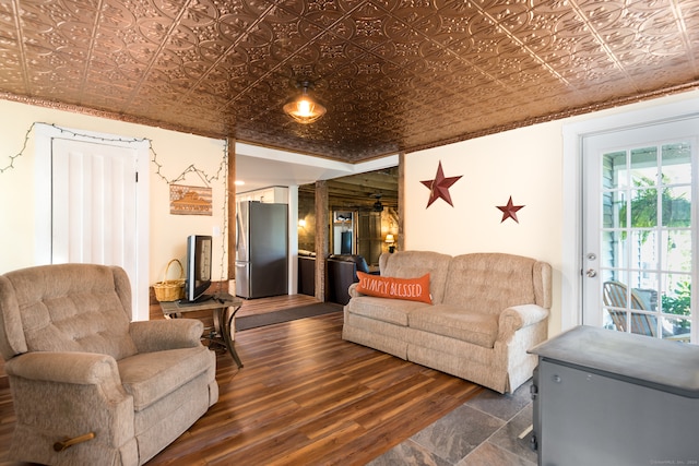 living room with dark wood-type flooring