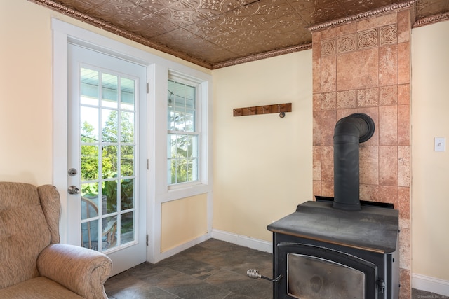 entryway with a wood stove and plenty of natural light