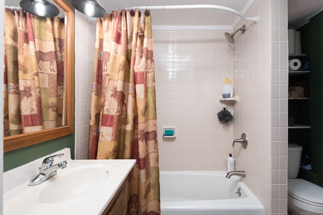 full bathroom with toilet, ornamental molding, shower / bath combination with curtain, and vanity